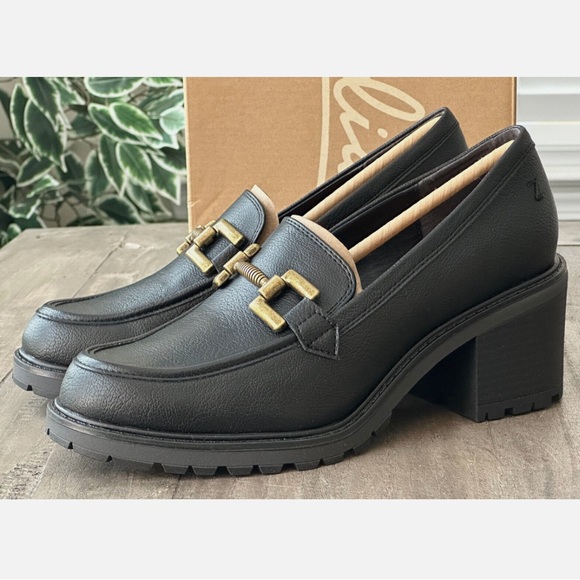 Zodiac Shoes - Clarks Black Leather Block Heel Loafers with Gold Accent